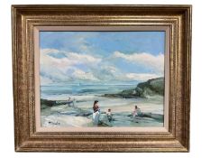 Michael D'Aguilar (1924-2011) oil on board - a family on the beach, signed, further signed and title