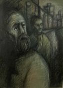 Modern British mixed media, two men in a cityscape, 74cm x 53.5cm, framed