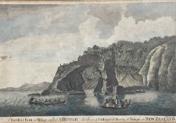 18th century hand coloured engraving - 'A Fortified town called Ahippah,.. Tolaga,.. New Zealand', p