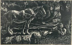20th century English School woodblock print of a farmer at rest with Shire Horse, 16cm x 10cm in gla