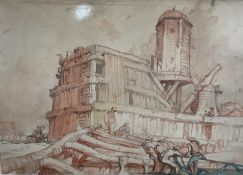Sir Frank William Brangwyn (1867-1956) watercolour - harbour with a windmill, apparently unsigned, i