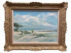 Michael D'Aguilar (1924-2011) oil on canvas - figures on a beach, signed, further signed verso, 41cm