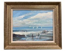 Michael D'Aguilar (1924-2011) oil on board - children in a rock pool, signed, further signed and tit