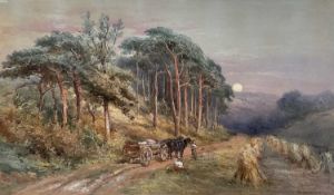 Henry Whatley (1842-1901) large watercolour, Figures and cart at dusk, signed, 44 x 75cm, glazed gil