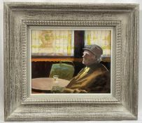 John Francis Skelton (b. 1954) oil on board - 'A rest from shopping', signed, 20cm x 25cm, behind gl