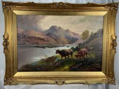 H. R. Hall (act.c.1875-c.1902) 19th century oil on canvas, Highland Cattle, 49.5cm x 75cm, in gilt f