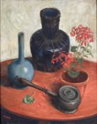 William A Hogg (mid 20th century) oil on canvas, still life on a table, signed, a partially complete