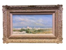 Michael D'Aguilar (1924-2011) oil on board - a coastal chateau, signed, further signed and titled ve