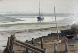 Roger Fisher (British, 1919-1993) two oils on board ‘Low Tide, Landermere’ and ‘Swans at Welney’, fr