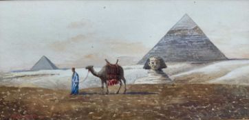 Early 20th century Egyptian Grand Tour, a view of the Sphinx and Pyramids, watercolour on paper. Ind