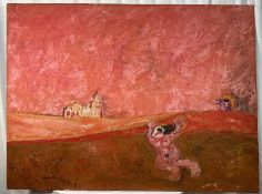 Jesus Tellosa (Mexican, 1936-2012) oil on board - Landscape, gallery label verso, 91cm x 122cm, unfr