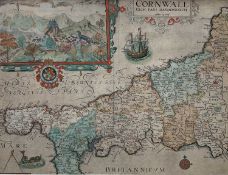 William Kip - 17th century hand coloured engraving- map of Cornwall, 29 x 39cm, glazed frame
