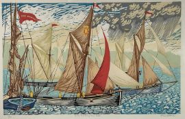 Michael Blooman, The Pin Mill Sailing March Match, Linocut 53cm x 84cm, edition 5/50, signed in penc
