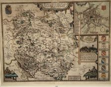 John Speed 17th century hand coloured engraved map of Hertfordshire, 40.5cm x 52.5cm, together with