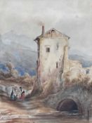 Robert Smirke 19th century watercolour, figures in a continental landscape, 14.5cm x11cm, in glazed