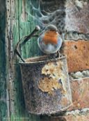 Andrew Hutchinson (b.1961) watercolour and gouache, study of a Robin on a rusty tin, 19.5cm x15cm, s