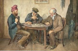 William Wright - 19th century watercolour in glazed frame - interior scene with three gentlemen play