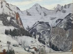 C. Connell (20th Century) watercolour on paper laid on card - Swiss mountains with chalets, signed,