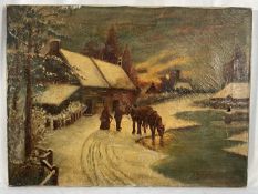 19th century oil on canvas, a horse watering at a river beside cottages in a snowy village at sunset