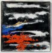 Rita Moiret (1912-1994) enamel composition, abstract, in tray form, signed verso, 30cm x 30cm