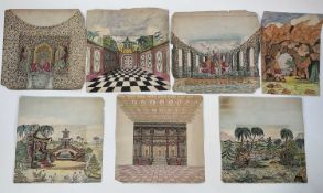 Decorative group of seven part-hand-painted part-printed sets for a toy theatre depicting temples an