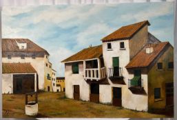 M. Lamga, oil on canvas, 20th century, Spanish village square with well, signed and dated '75, 81cm