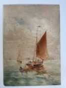 English School, 19th century, watercolour on card, sailing boats. Unframed. 33 x 23cm.