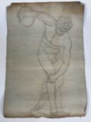Large late 19th century graphite nude study after the antique, ‘the Discus thrower’, with Kensington