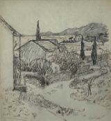 Charles McCall (1907 -1989) Ink and pencil drawing -Languedoc, signed, 26cm x 24cm, in glazed frame