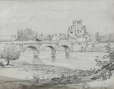 20th century pencil and chalk drawing of Kelso, 21.5cm x 27cm, dated 1934, in glazed frame.