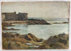 19th century plein air impressionist double sided oil on panel, a view of a beach cove with rocky su