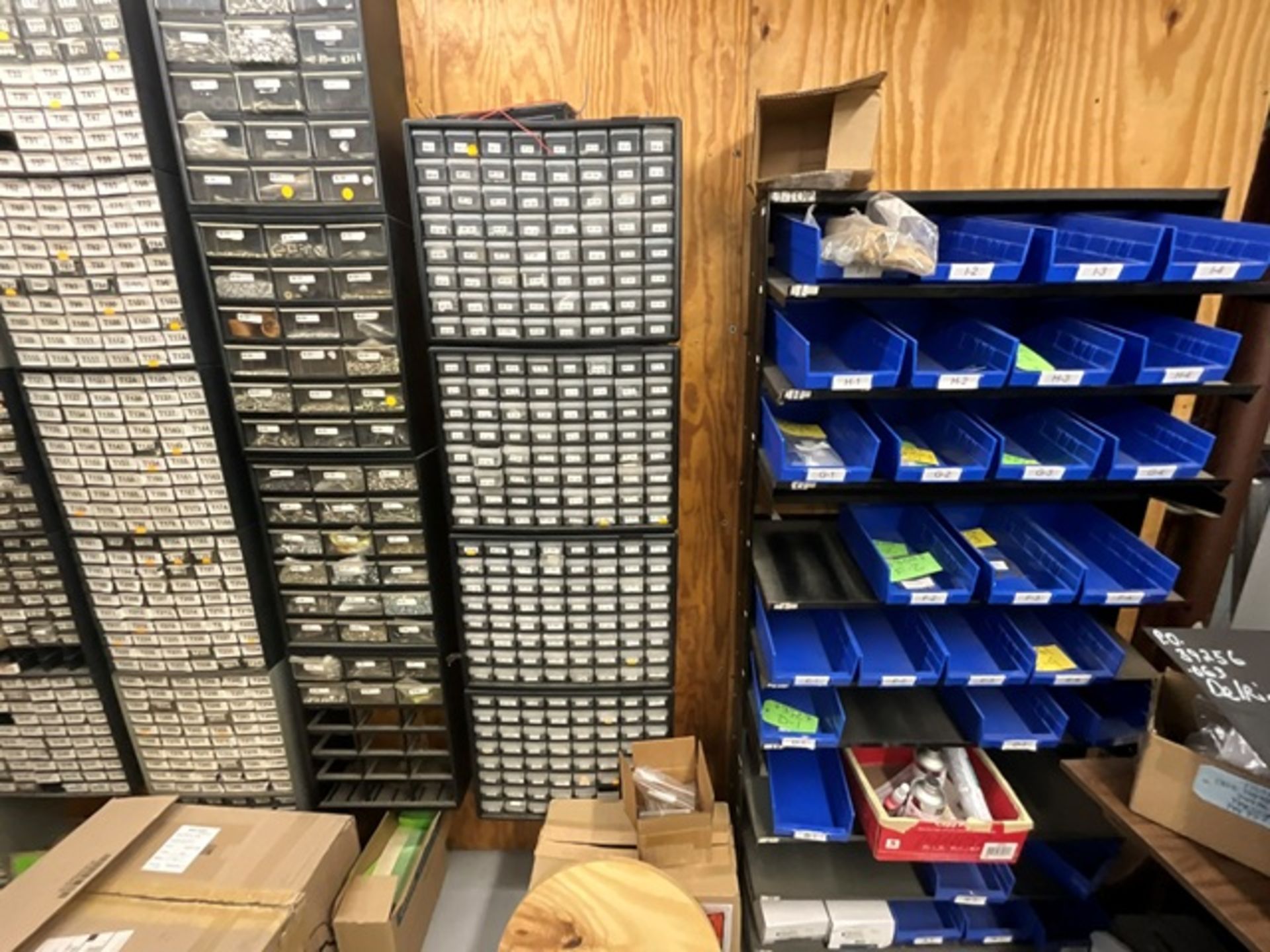 (48) Wall of Hardware Bin Cabinets, Bin Rack, (6) Rotating Hardware ...