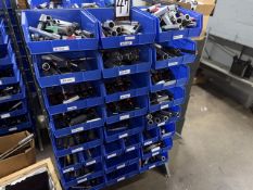 Free-Standing Rack with Large Inventory of Plus & Thread Gages in Blue Plastic Tote Bins