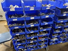 Free-Standing Rack with Large Inventory of Plus & Thread Gages in Blue Plastic Tote Bins