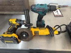 (2) Cordless Drills, Makita & Dewalt; (1) Dewalt Electric Right Angle Grinder