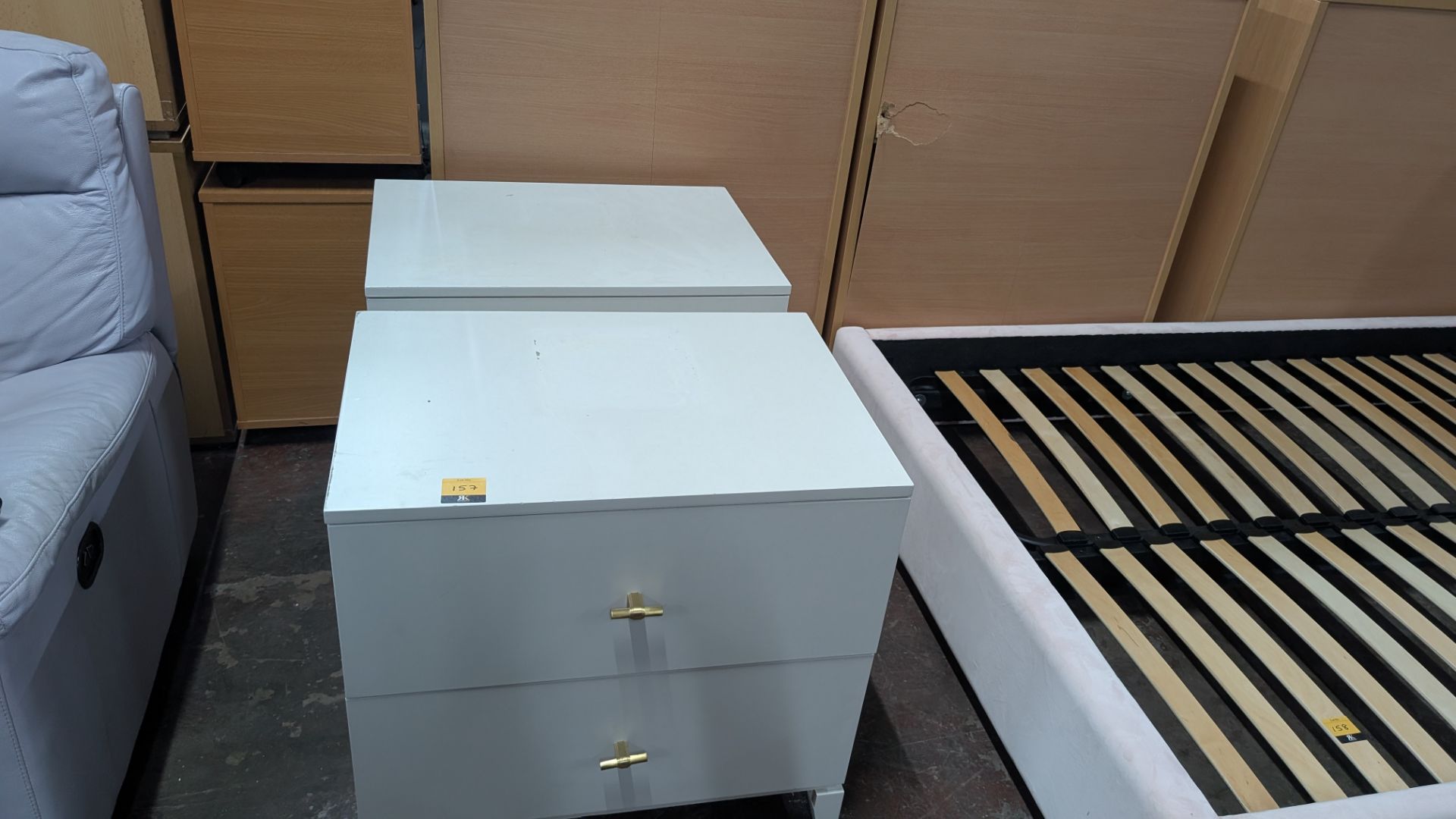 2 off Painted bedside cabinets each with 2 pull out drawers, with gold handles. Max dimensions are a