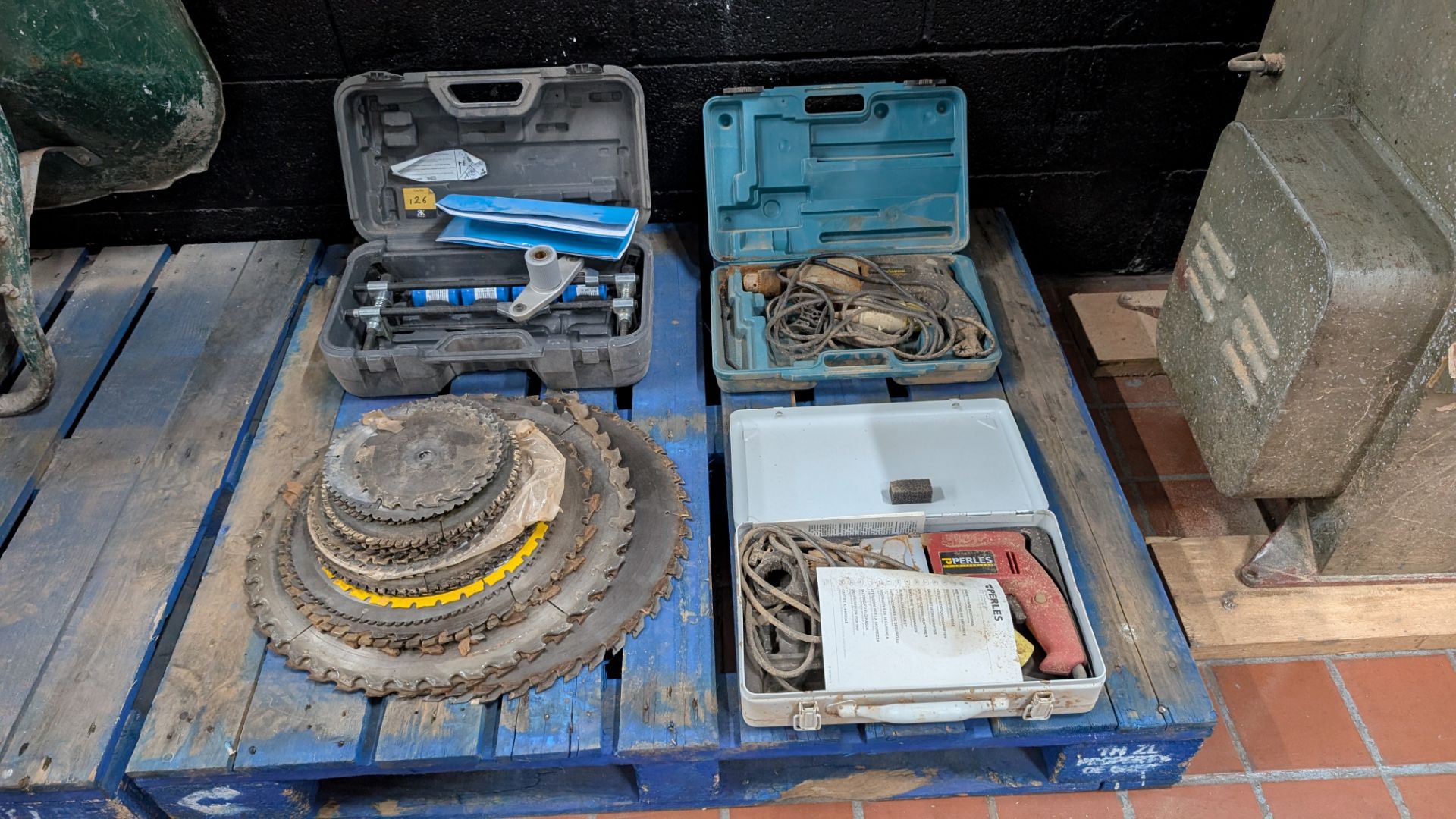 Contents of a Pallet comprising Stack of Sawblades, 110V Drills and DBB Morticer - Image 2 of 17