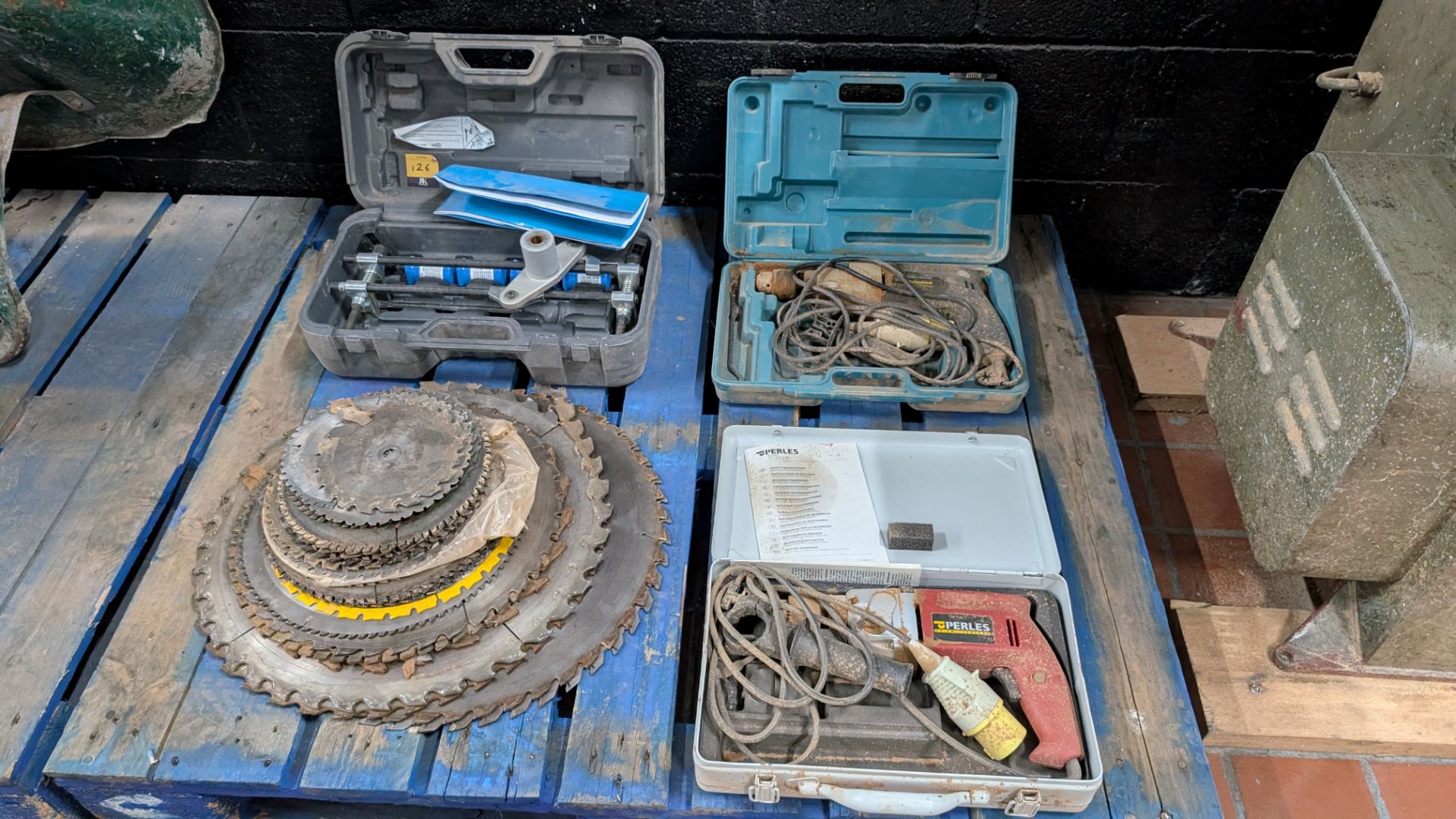 Contents of a Pallet comprising Stack of Sawblades, 110V Drills and DBB Morticer - Image 17 of 17