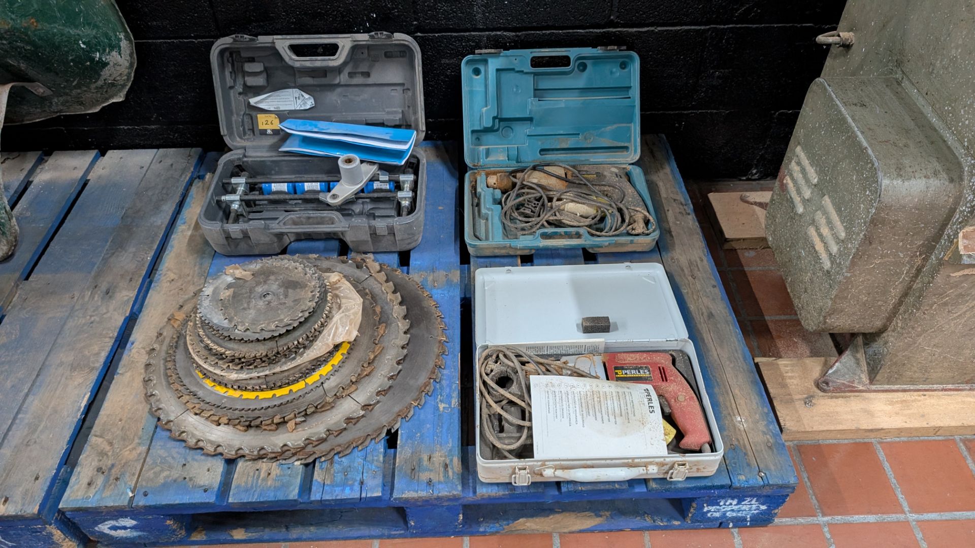Contents of a Pallet comprising Stack of Sawblades, 110V Drills and DBB Morticer - Image 3 of 17