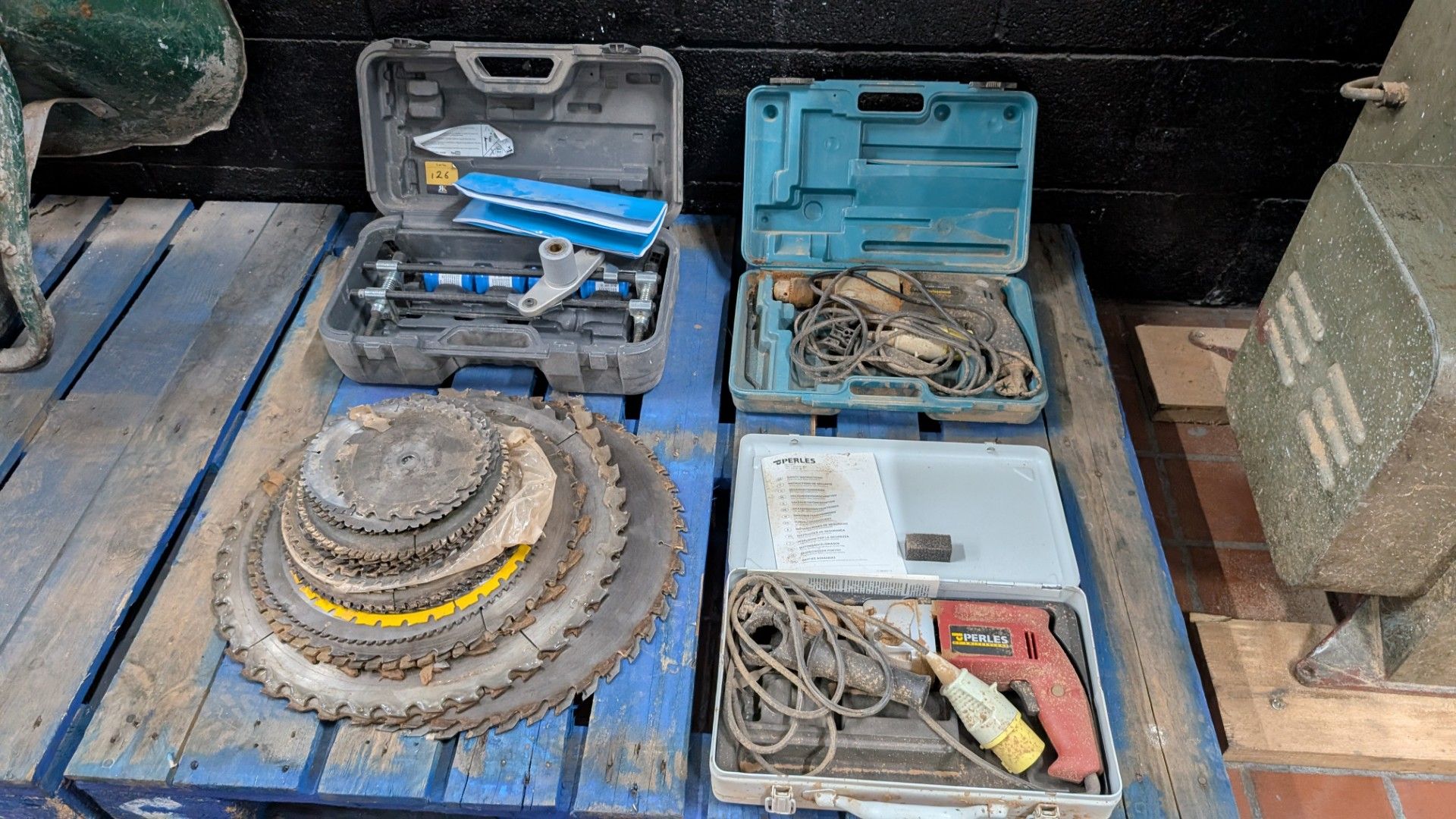 Contents of a Pallet comprising Stack of Sawblades, 110V Drills and DBB Morticer - Image 15 of 17
