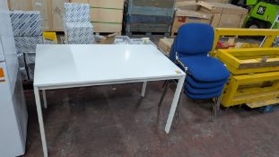 1 off White Table plus 4 Stacking Blue Upholstered Stand Chairs with Chrome Frames
