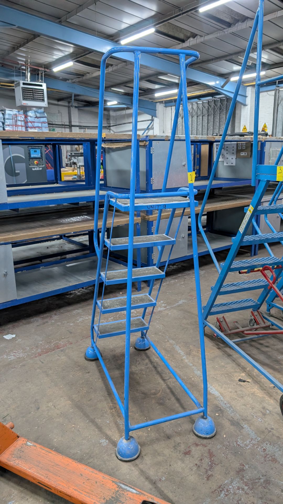 1 off Blue Metal Library Steps with handrail which brake automatically as the user ascends the steps - Image 6 of 13