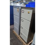 2 off Assorted Metal 4-Drawer Filing Cabinets by Bisley and Ostaline. One cabinet has a key