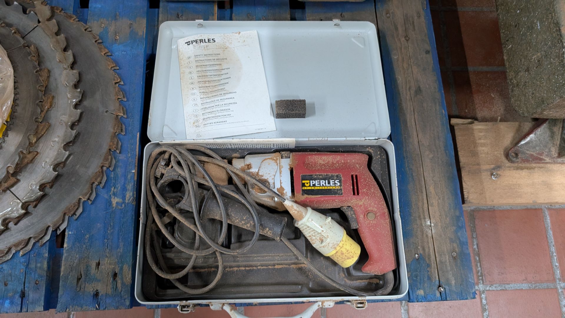 Contents of a Pallet comprising Stack of Sawblades, 110V Drills and DBB Morticer - Image 12 of 17