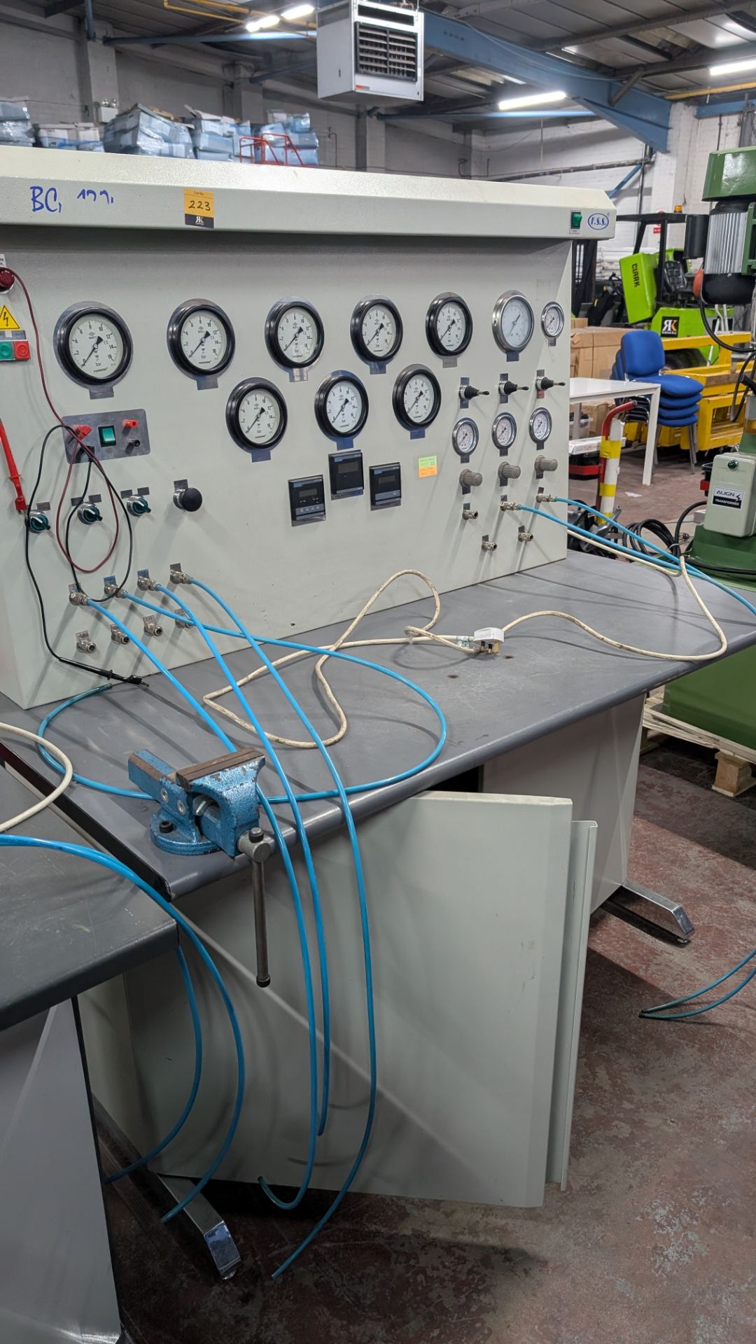 1 off BCA 1200 Pressure Testing System by FSS. This lot comprises a bench with assorted contents, on