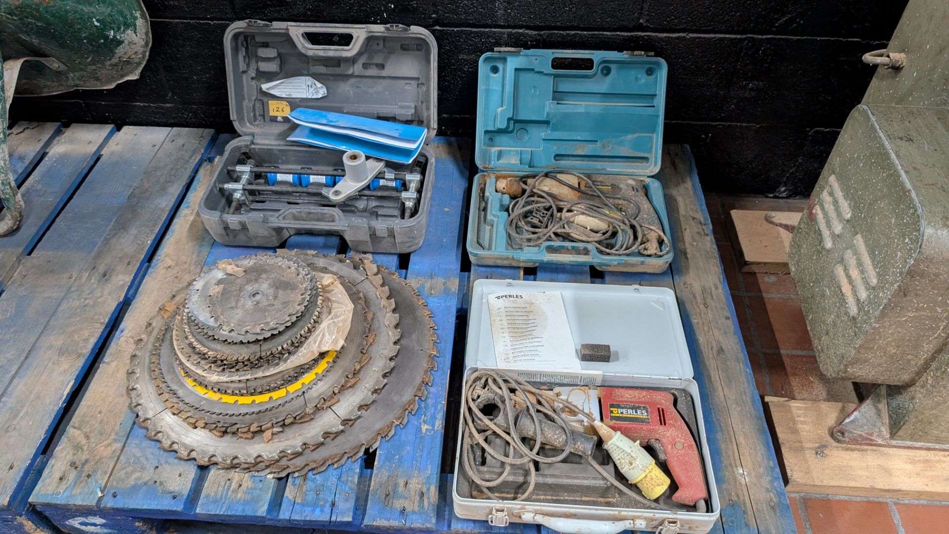 Contents of a Pallet comprising Stack of Sawblades, 110V Drills and DBB Morticer - Image 16 of 17