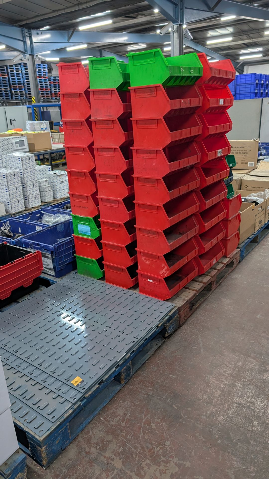 Quantity of Metabin Storage Bins, plus 4 off wall-mountable metal cards for holding same. In total t