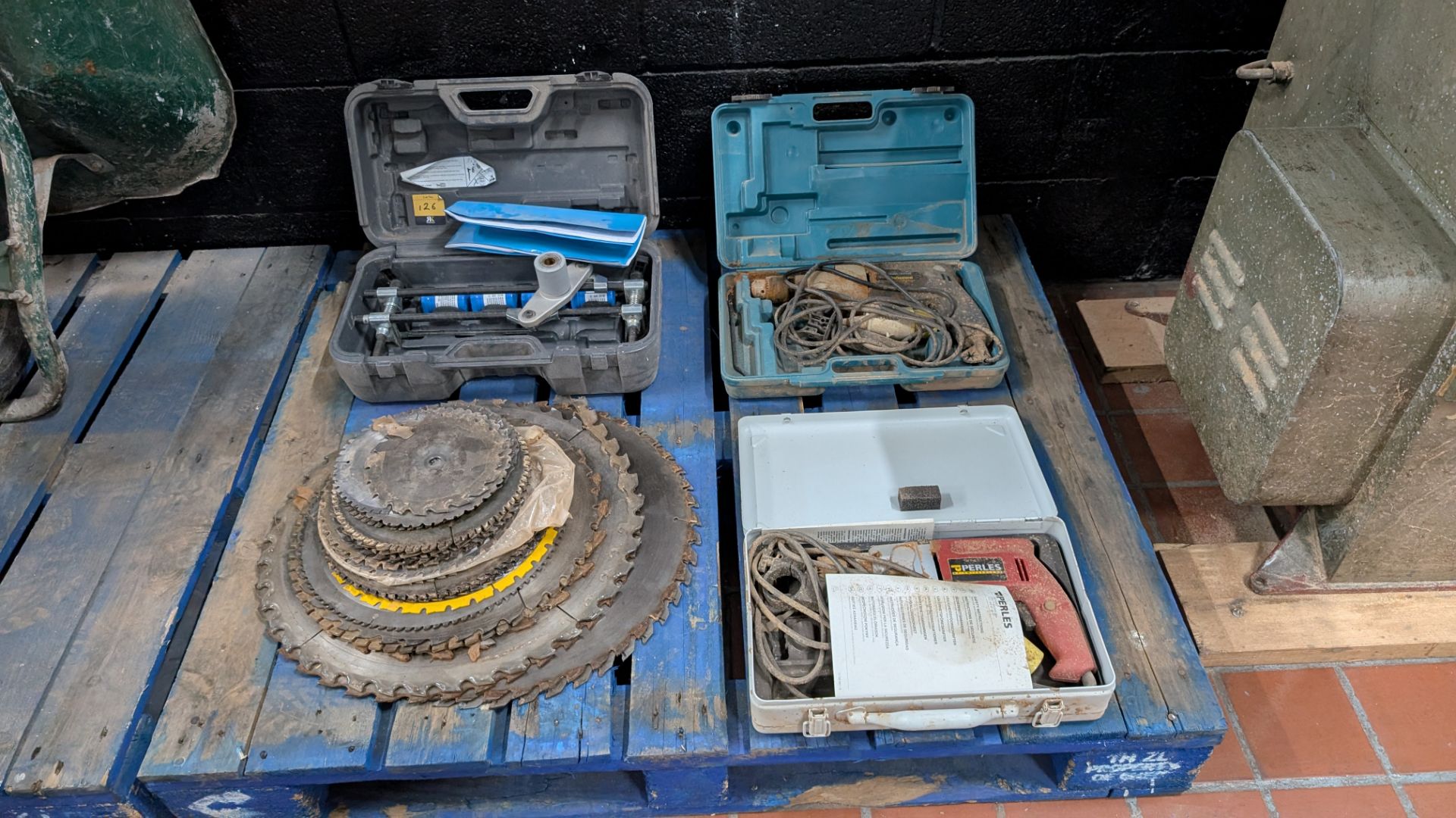 Contents of a Pallet comprising Stack of Sawblades, 110V Drills and DBB Morticer