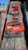 Milwaukee Cordless Power Tool lot comprising Handheld Jigsaw, Driver and Torch. No Batteries or Char