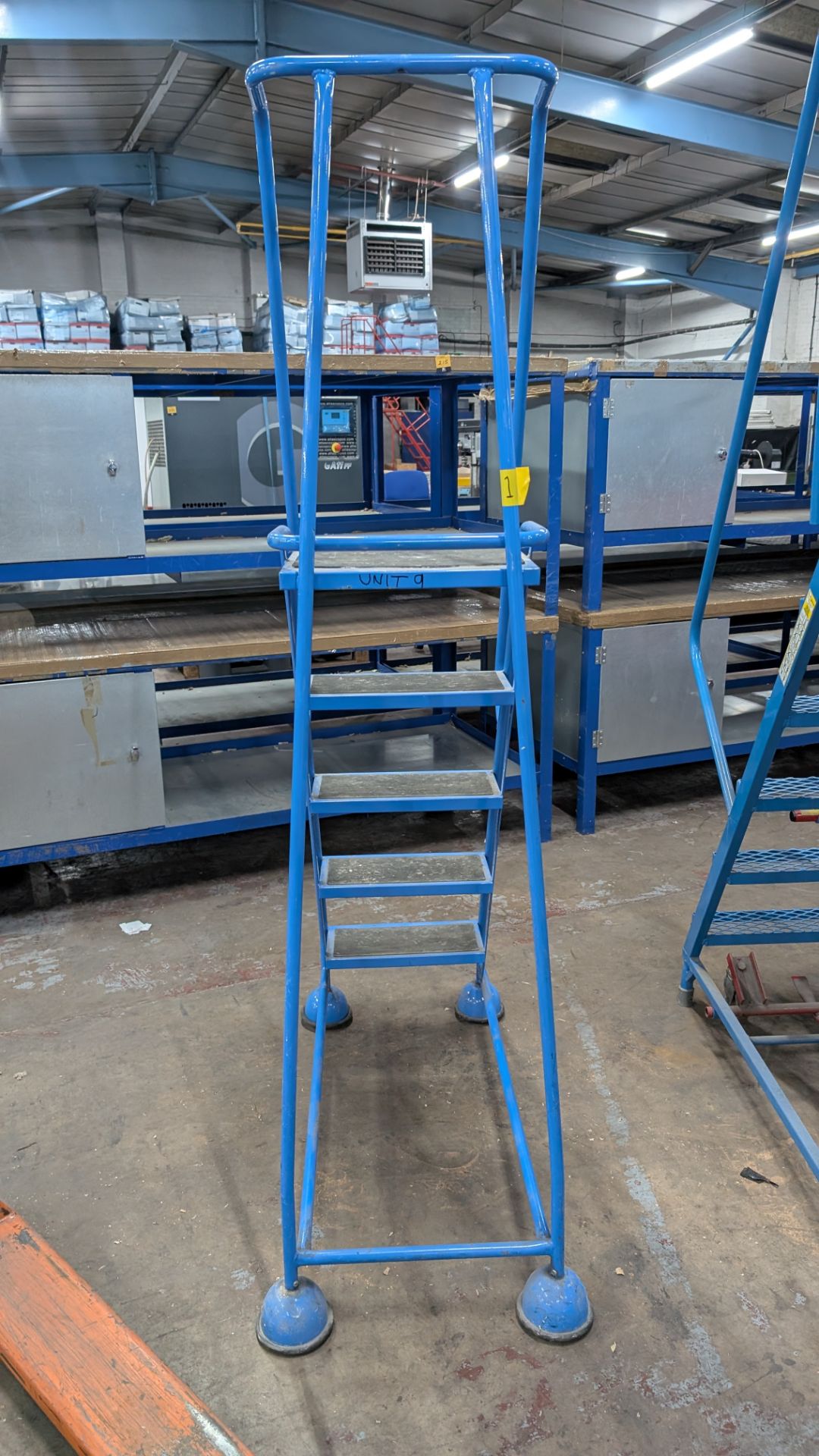 1 off Blue Metal Library Steps with handrail which brake automatically as the user ascends the steps - Image 8 of 13